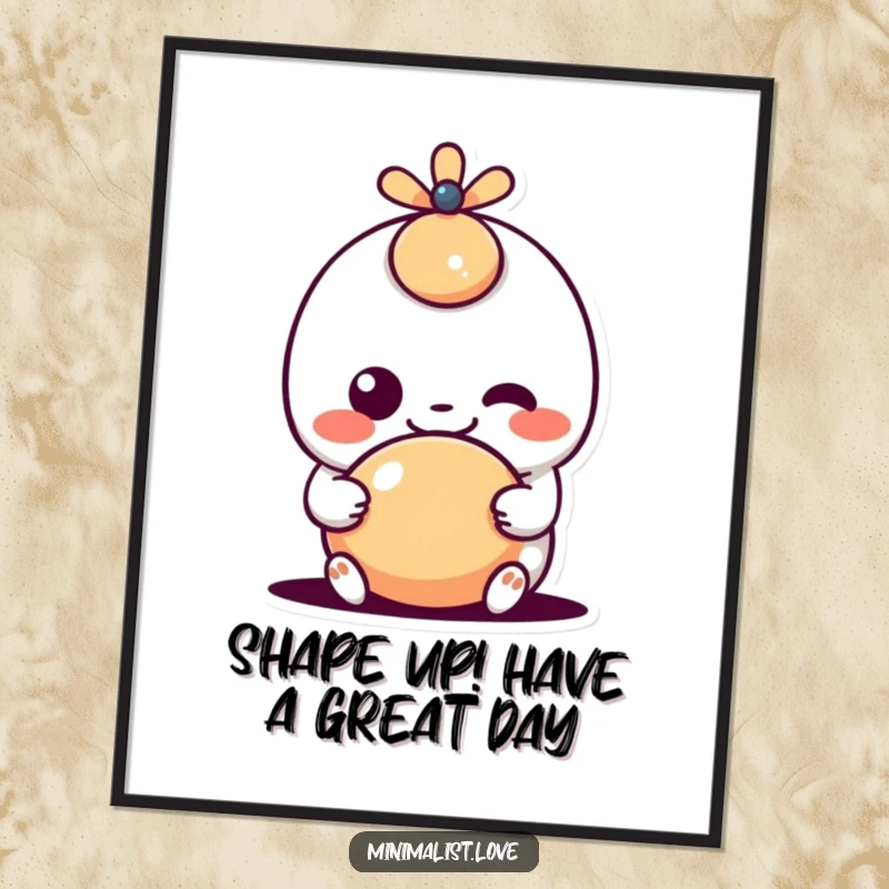 Funny Free Printable Wall Art: A kawaii character with an exaggerated, goofy grin joyfully plays with a simple, abstract geometric shape.