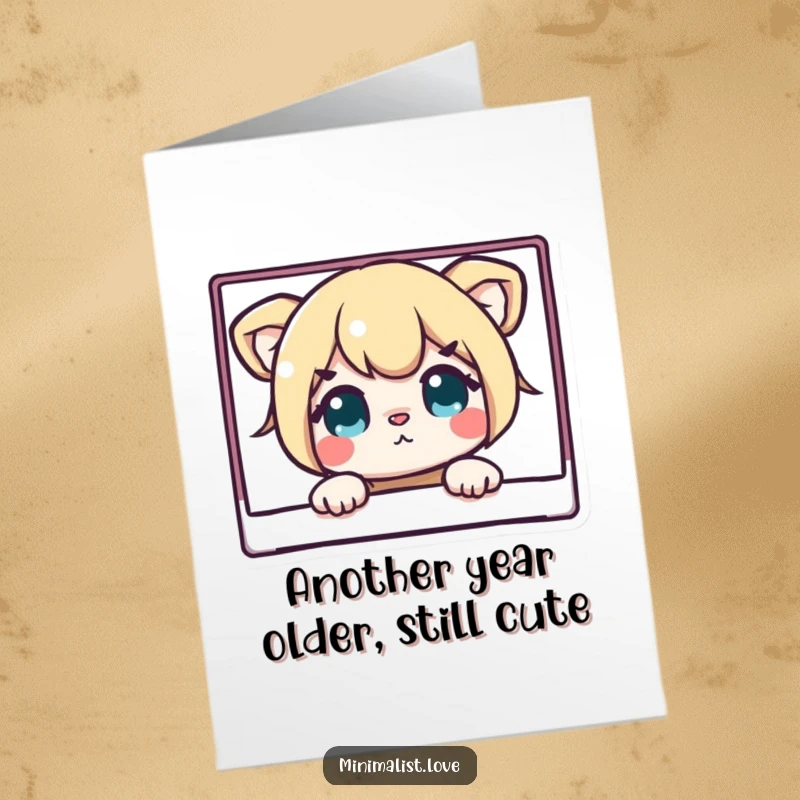 Funny free printable birthday card featuring a curious character peeking from behind a clean rectangle, ready to surprise.