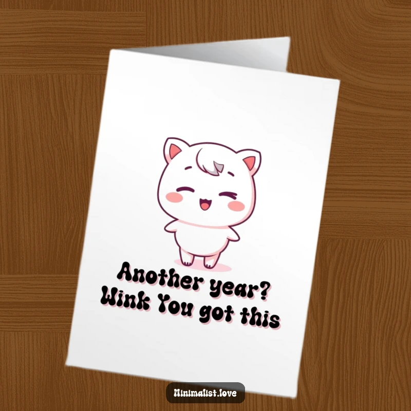 Funny Free Printable Birthday Card: A minimalist kawaii character winks subtly while standing confidently on a stark, empty flat plane.