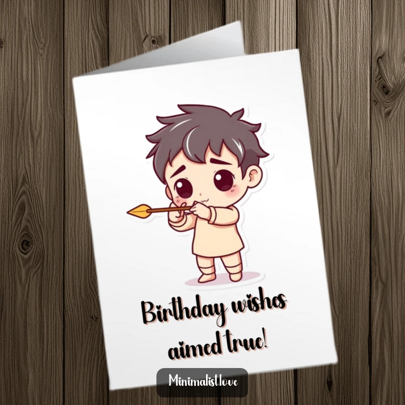 Funny Free Printable Birthday Card: A creature aims a tiny arrow with mock seriousness. A quirky downloadable greeting.