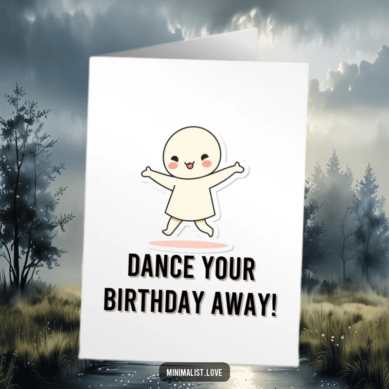 Funny Free Printable Birthday Card: Minimalist character joyfully dancing with colorful geometric shapes, celebrating a birthday in style.