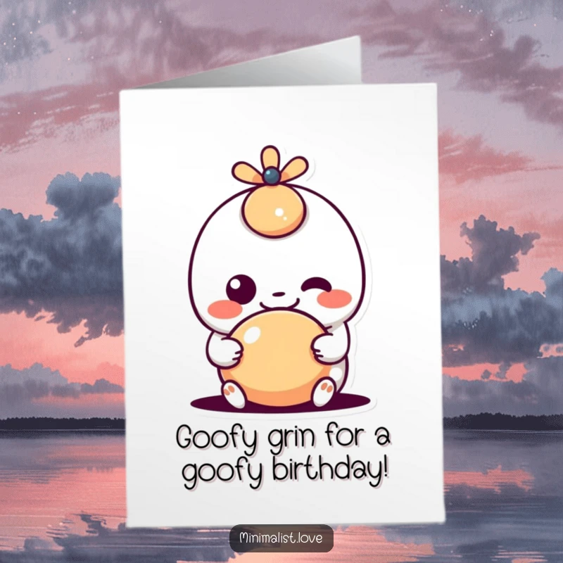 Funny Free Printable Birthday Card: A kawaii character with a huge, goofy grin plays enthusiastically with a simple geometric shape.