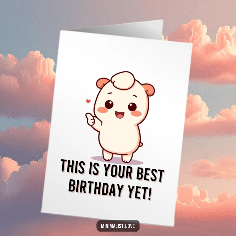 Funny Free Printable Birthday Card: A cute kawaii character joyfully points with a wide smile towards a simple, minimalist accent.