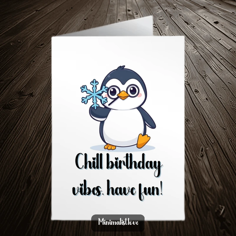 Funny Free Printable Birthday Card: Penguin with a monocle balancing a snowflake, looking dapper. Great birthday gift.