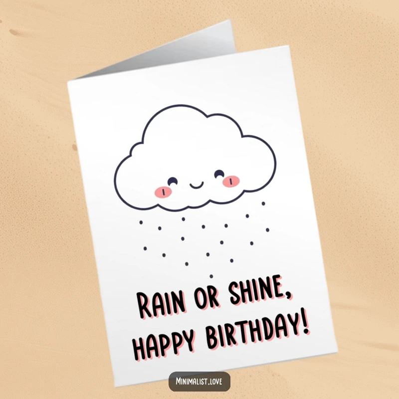 Funny Free Printable Birthday Card: Minimalist cloud with a happy face raining small perfect dots, perfect for a cheerful greeting.