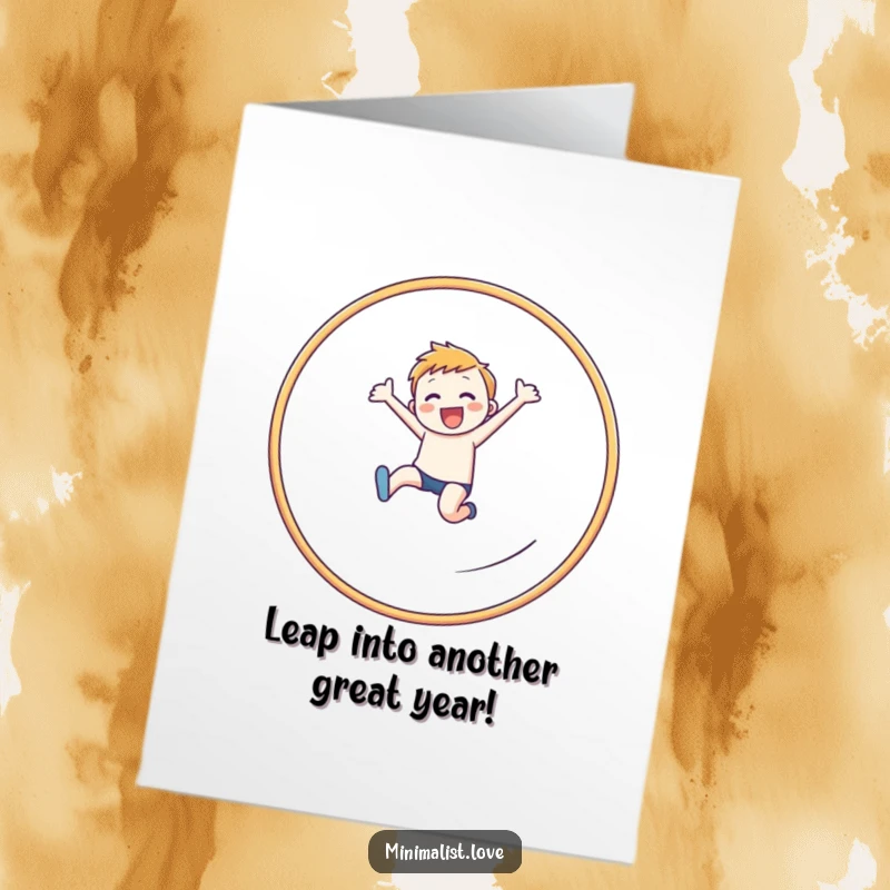 Funny Free Printable Birthday Card: Cheerful figure leaping athletically through a clean, linear hoop.