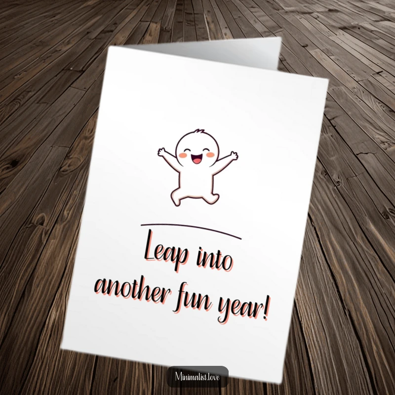 Funny Free Printable Birthday Card: Minimalist character with arms up joyfully leaping over a thin horizontal line.