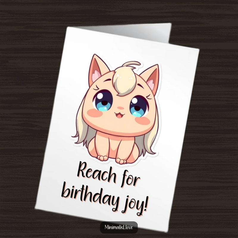 Funny free printable birthday card: a character with wide, happy eyes stretches upwards gracefully in pure delight.