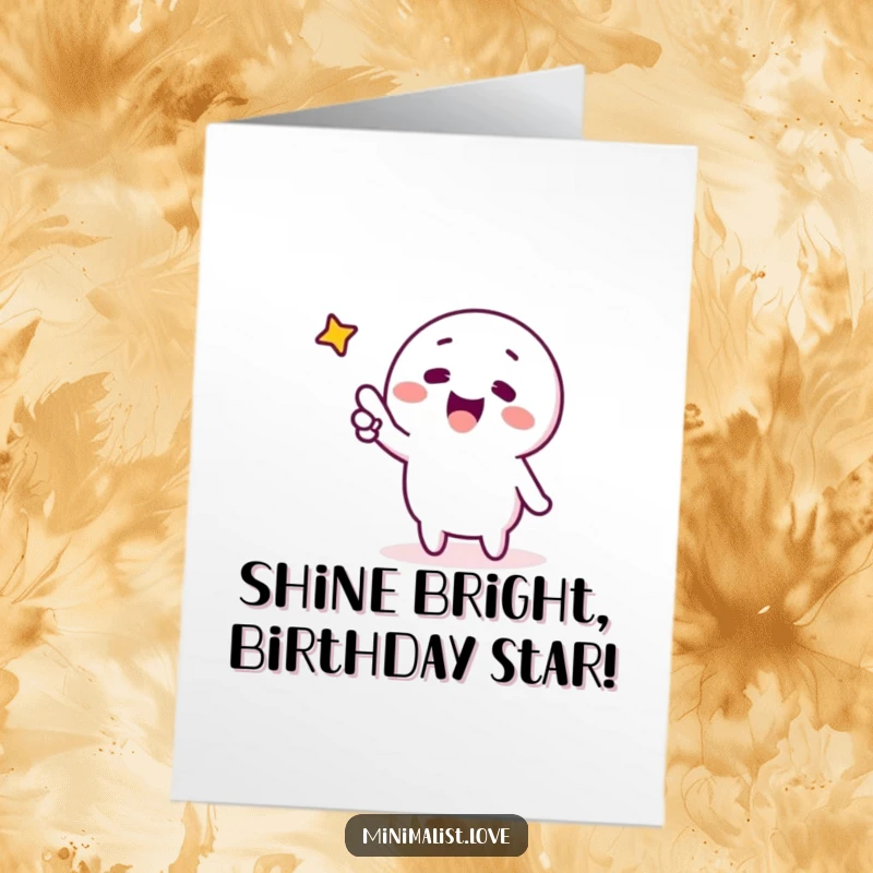 Funny Free Printable Birthday Card: Minimalist character excitedly pointing upwards at a single bright star, wishing upon it.