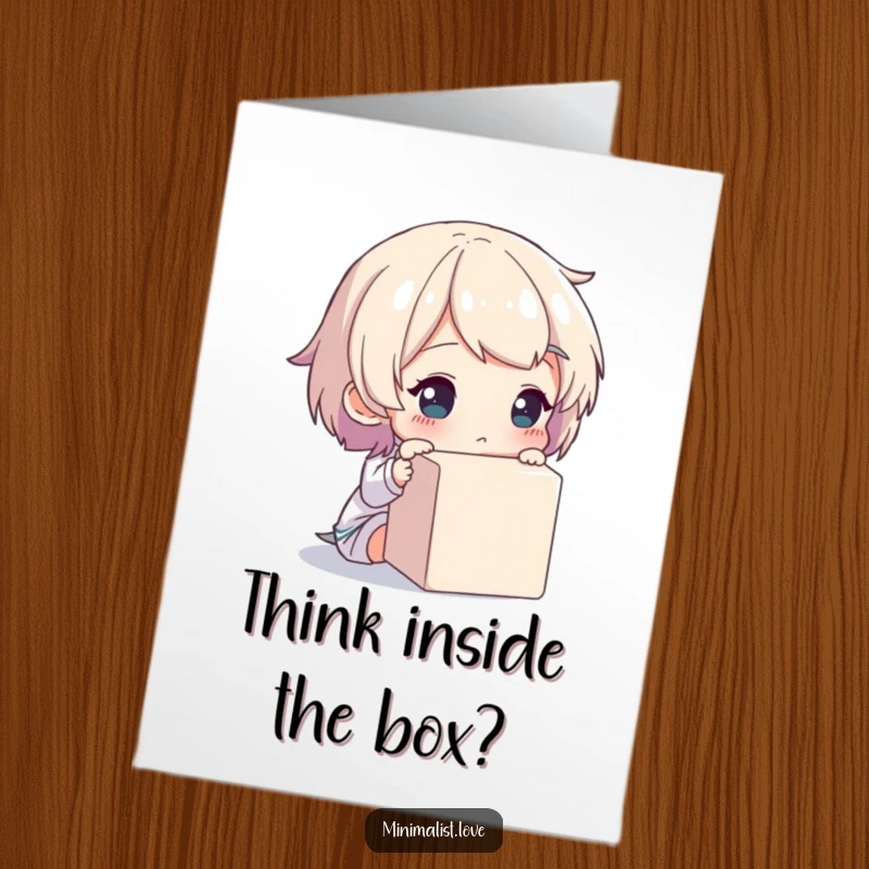 Funny Free Printable Birthday Card: a character gazes intently at a simple, unadorned cube, inviting reflection.