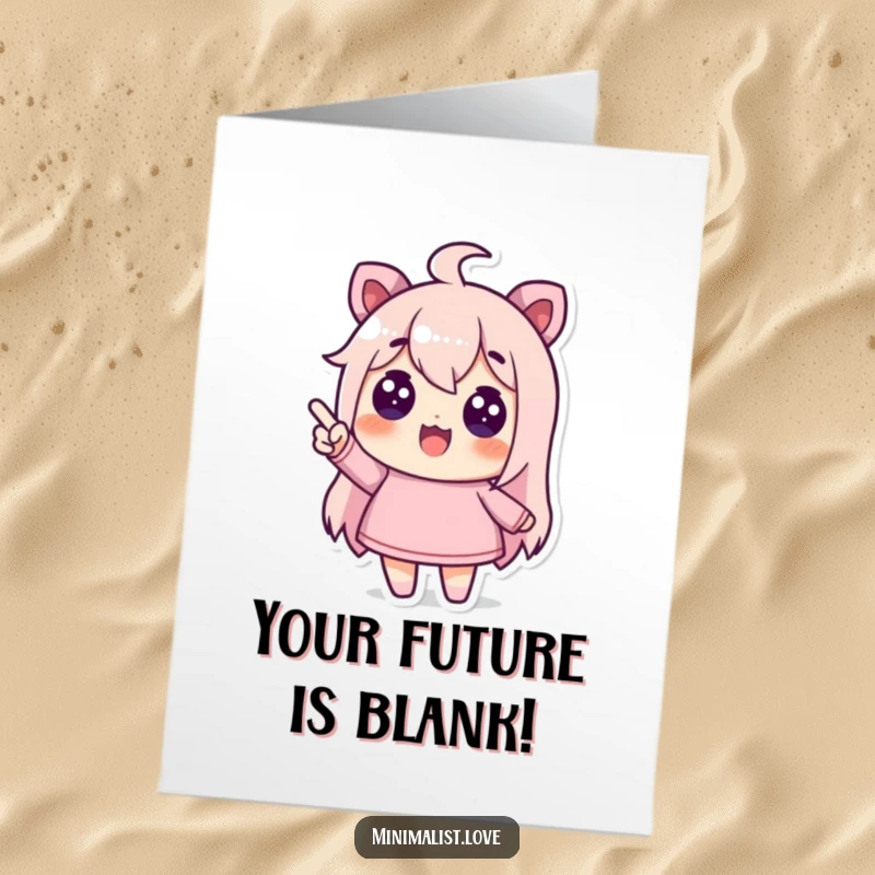 Funny Free Printable Birthday Card: a character joyfully points to a perfectly empty, clean space, symbolizing boundless possibilities.