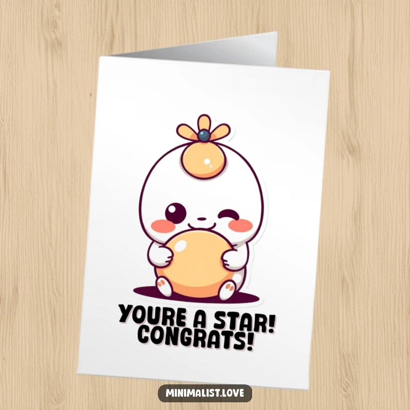 Funny Free Printable Congratulations Card: A goofy, happy kawaii character interacts playfully with a simple shape, celebrating a great achievement.