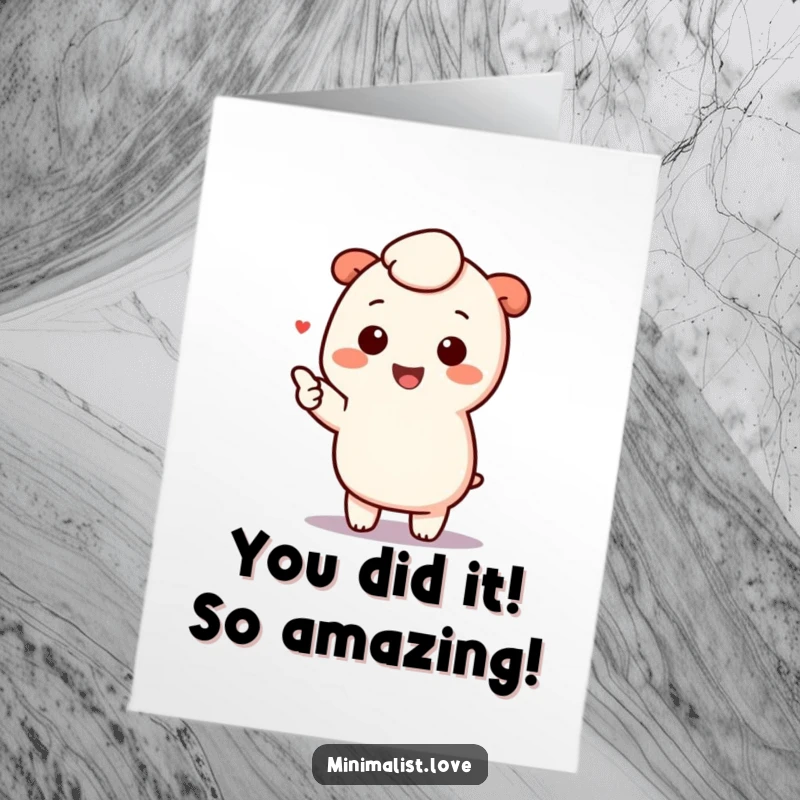 Funny Free Printable Congratulations Card: A kawaii character beams with happiness, pointing directly at a significant minimalist element of achievement.