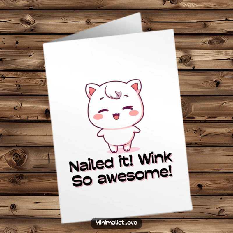 Funny Free Printable Congratulations Card: A kawaii character winks slyly, poised on a vast, flat plane, celebrating a momentous occasion.