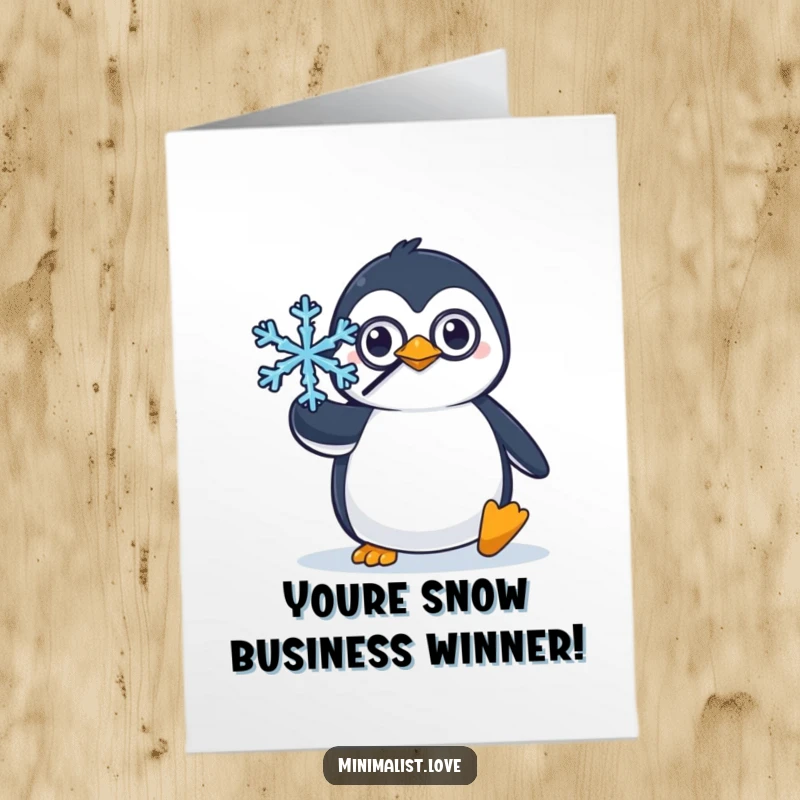 Funny Free Printable Congratulations Card: Penguin wearing a monocle, balancing a snowflake, embodying refined celebration. Ideal for congrats.