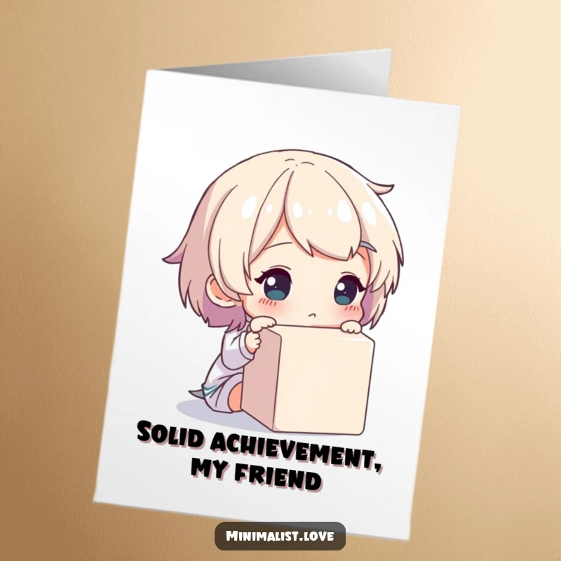 Funny Free Printable Congratulations Card: a character thoughtfully considers a plain, unembellished cube, symbolizing foundational success.