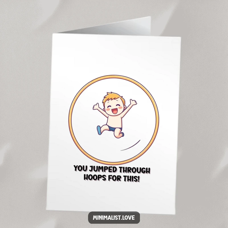 Funny Free Printable Congratulations Card: Joyful figure executing a perfect leap through a linear hoop.