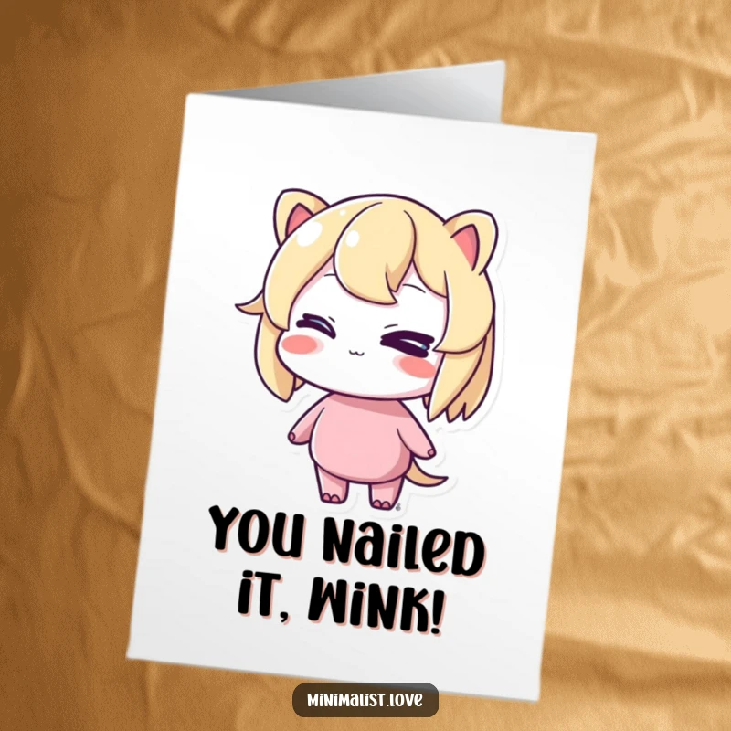 Funny free printable congratulations card: a character winks with swagger while standing in flawless balance.