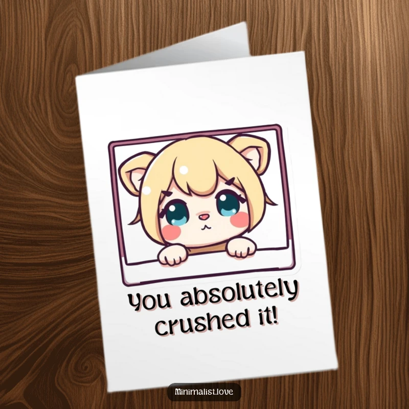 Funny free printable congratulations card showing a curious character peeking playfully from behind a rectangle, sharing good news.