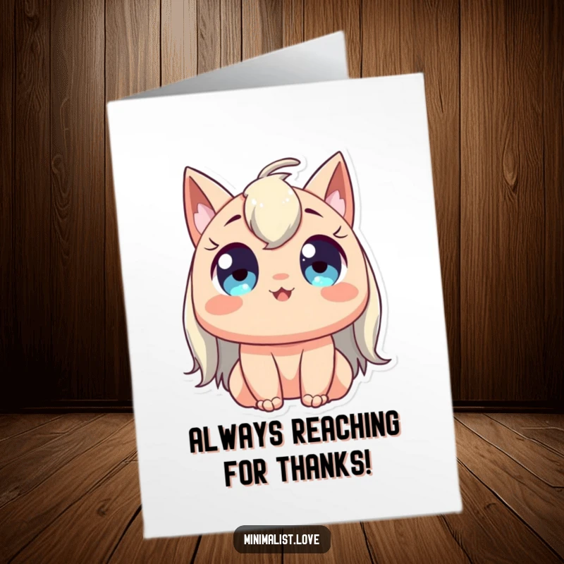 Funny free printable thank you card: a character with eyes full of happiness gracefully stretches upwards.