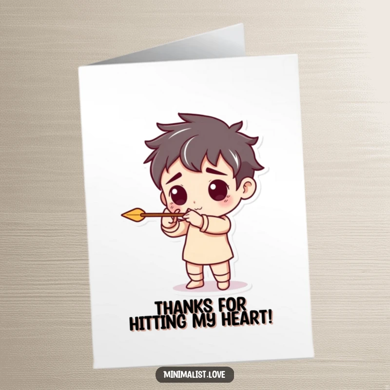 Funny Free Printable Thank You Card: A character aims a tiny arrow with a playful expression. A charming downloadable greeting.