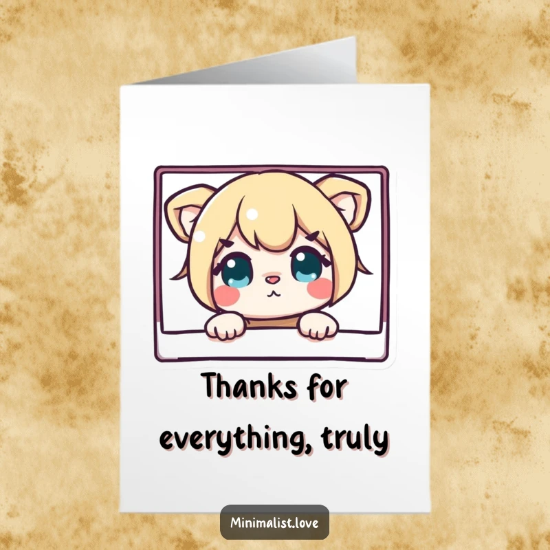 Funny free printable thank you card with a curious character peeking from behind a clean rectangle, expressing thanks humorously.