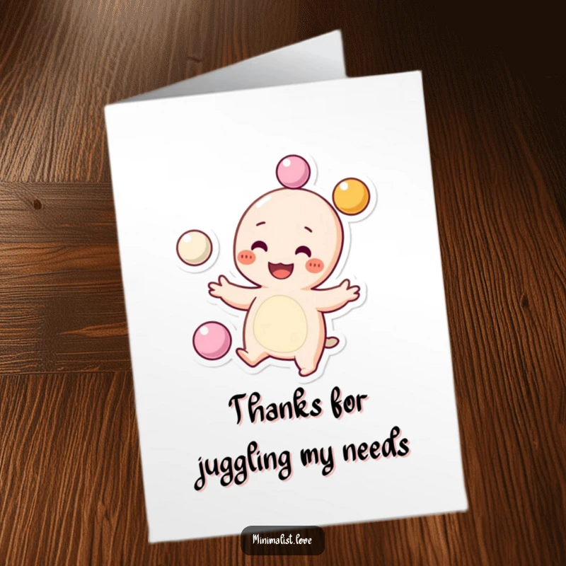 Funny Free Printable Thank You Card: A grinning, dotted-cheek character juggles spheres, playfully conveying thanks and appreciation.