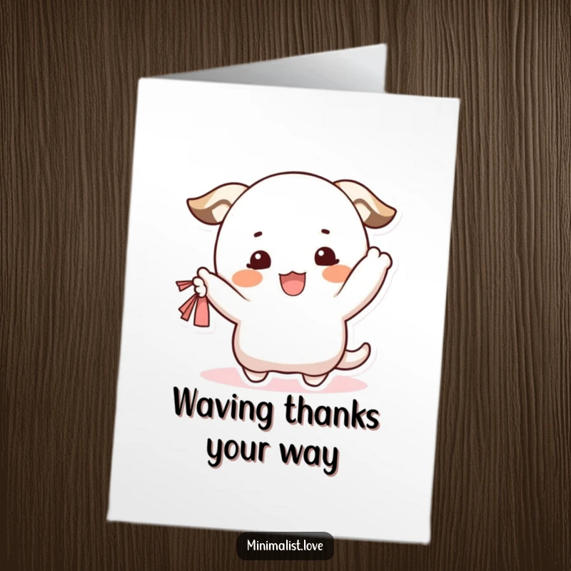 Funny Free Printable Thank You Card: A happy character with rosy cheeks waves a small fabric, cheerfully expressing thanks and gratitude.