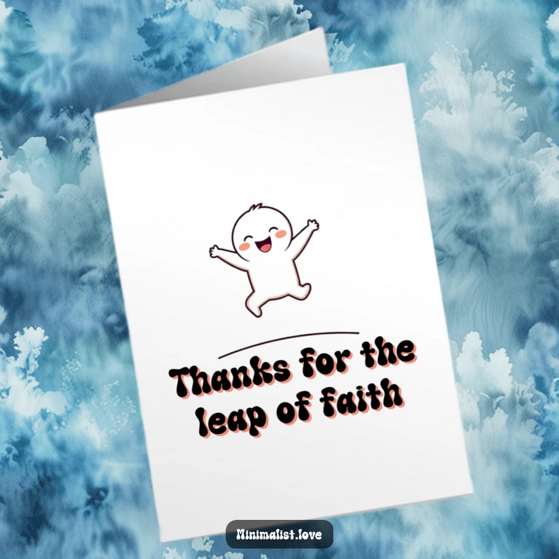 Funny Free Printable Thank You Card: Joyful minimalist character soaring over a line, expressing thanks with energetic movement.