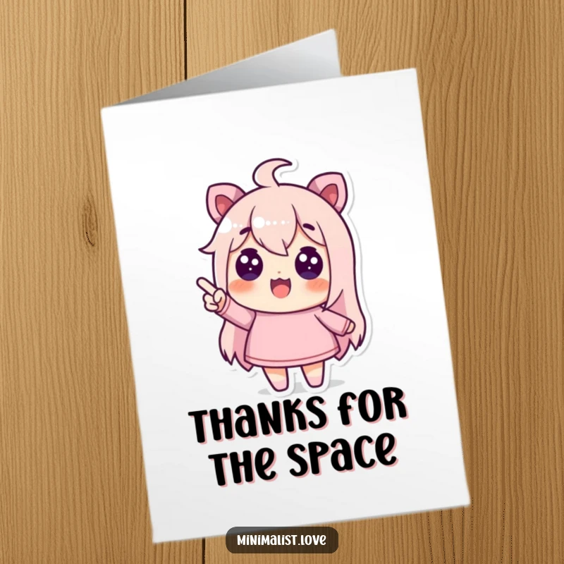 Funny Free Printable Thank You Card: a character exuberantly points to an expansive, clean, empty area, cleverly implying room for more.