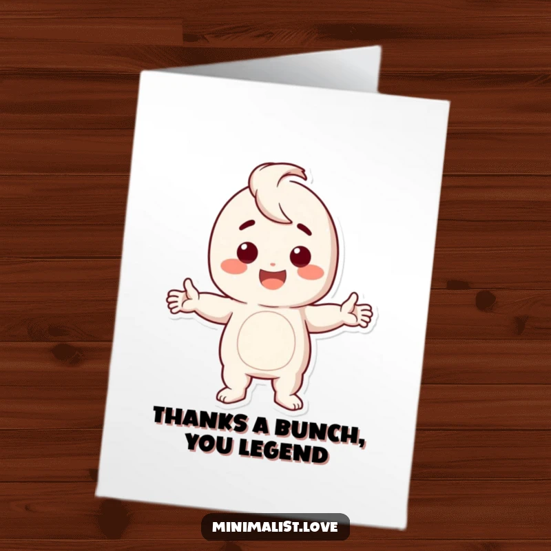 Funny Free Printable Thank You Card with a character in a bold, stark pose, arms apart, conveying thanks with flair.