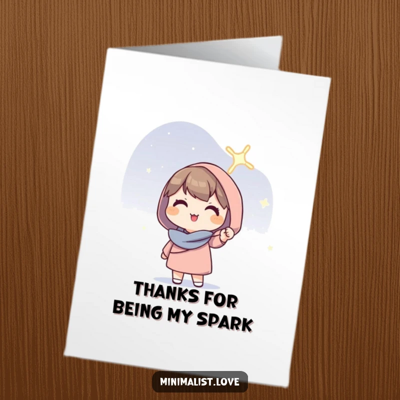 Funny Free Printable Thank You Card: A hopeful character holds a solitary, glowing line aloft, showing thanks.