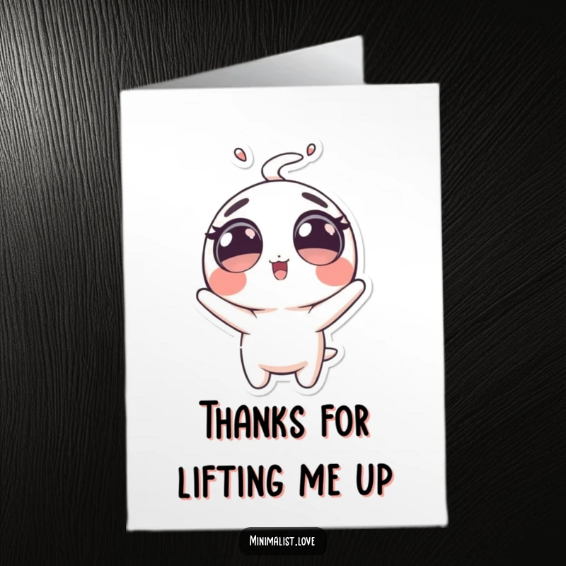 Funny Free Printable Thank You Card: A bubbly character with large eyes is comically launched upwards, conveying immense gratitude.