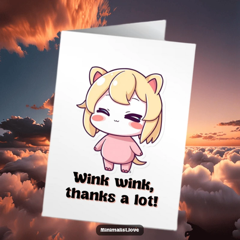 Funny free printable thank you card: a balanced character gives a knowing, cheeky wink.