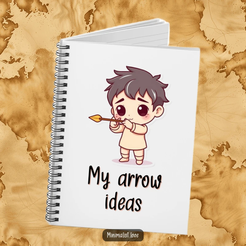 Funny notebook with a character pretending to aim a tiny, minimalist arrow, designed to encourage focused writing.