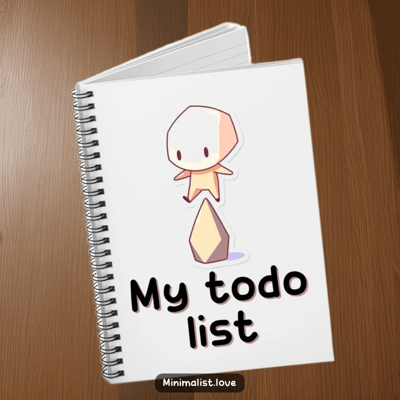 Funny geometric shape character attempting to balance on a single point, on the cover of a notebook.