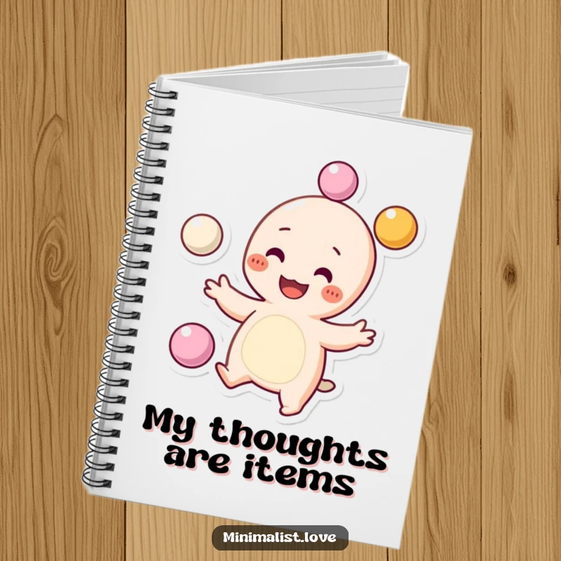 Funny Notebook with a grinning character with dots for cheeks, juggling spheres, encouraging creativity. Ideal funny gift.