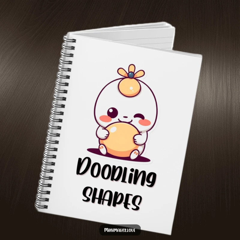 Funny kawaii character with a goofy grin playing with a shape, inspiring creativity and joy within a stylish notebook, perfect for writing.