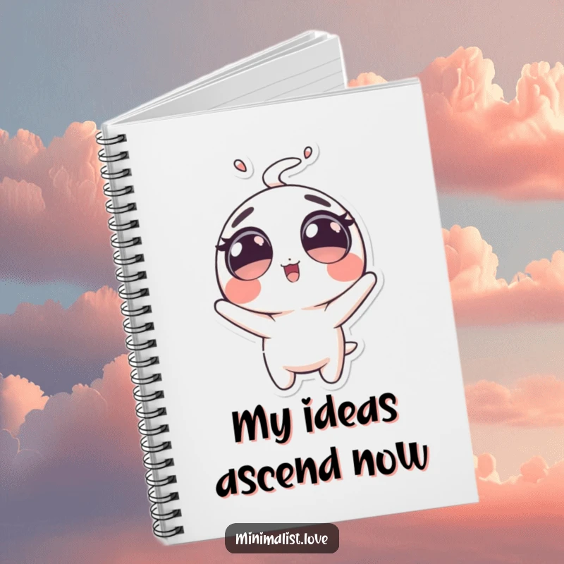Funny Notebook featuring a bubbly character with large eyes, comically launched upwards. Ideal funny gift.