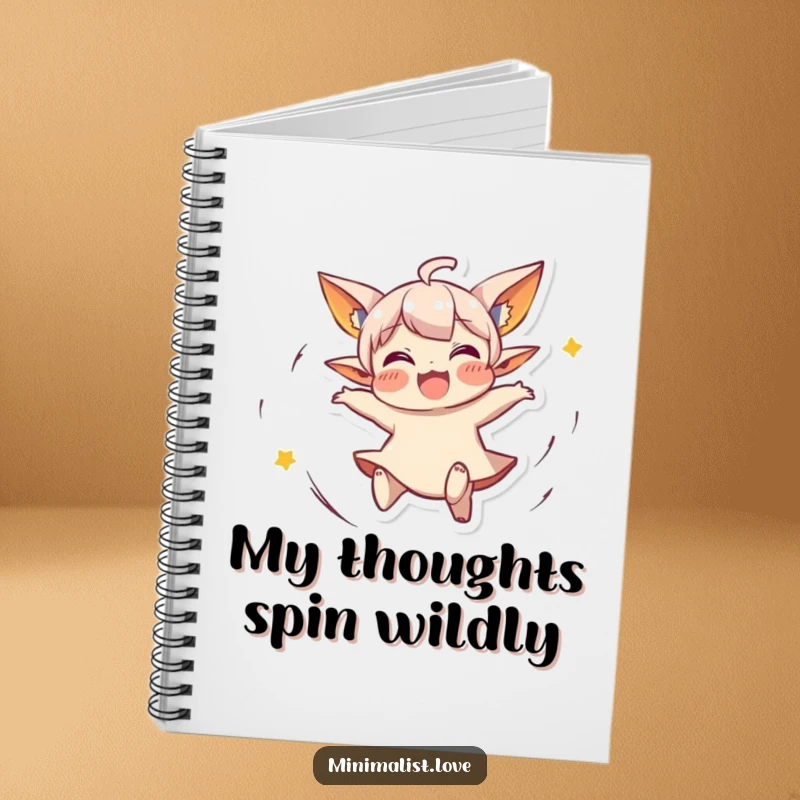 Funny Notebook featuring a small character with pointed ears, spinning joyfully. Ideal funny gift.
