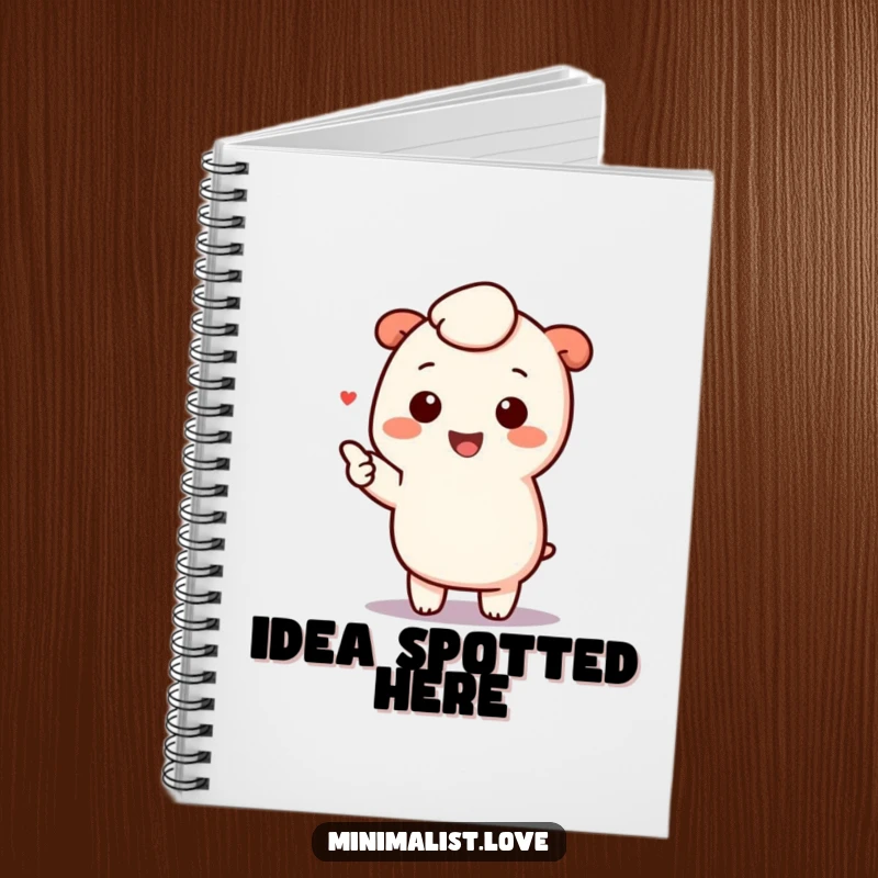 Funny kawaii character pointing at a minimalist element, inspiring creativity and joy within a stylish notebook, perfect for writing.