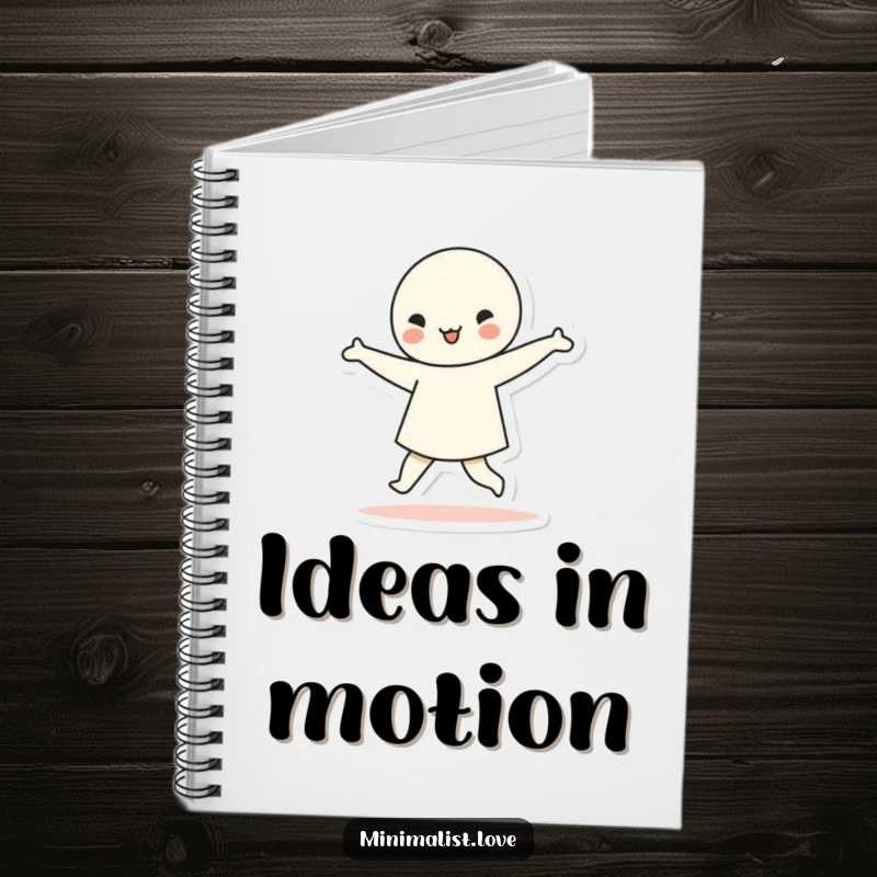 Funny minimalist character dancing with simple geometric shapes, on the cover of a notebook. Humorous and practical stationery with artistic flair.