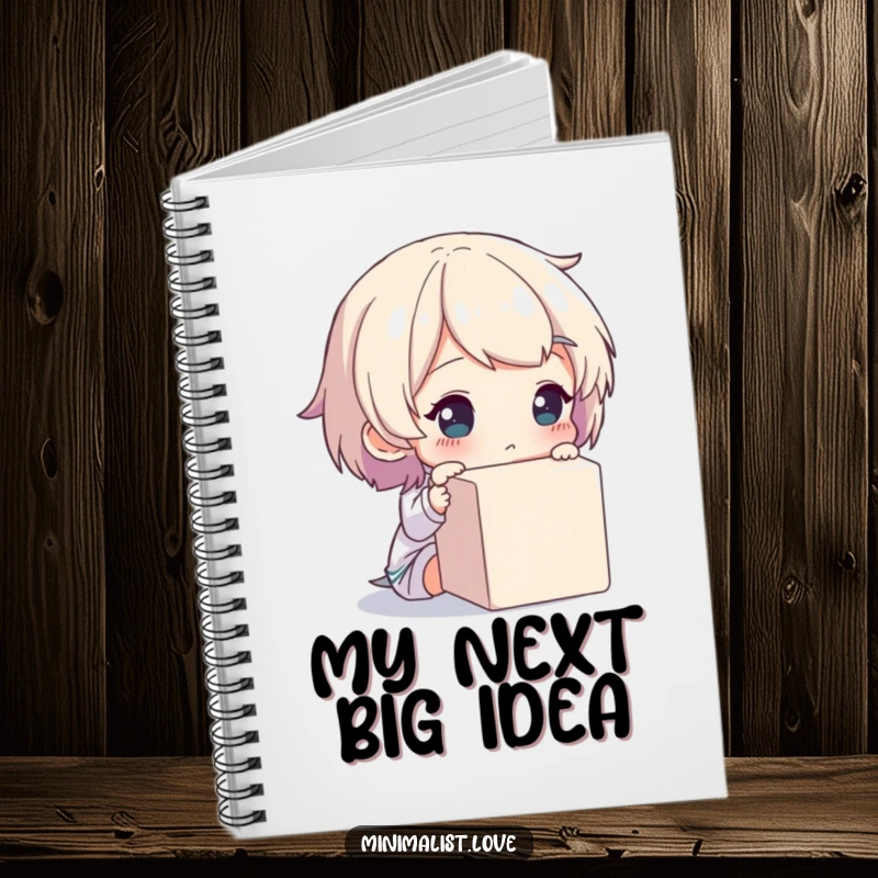 Funny notebook with a character looking thoughtfully at a cube, ideal for note-taking.