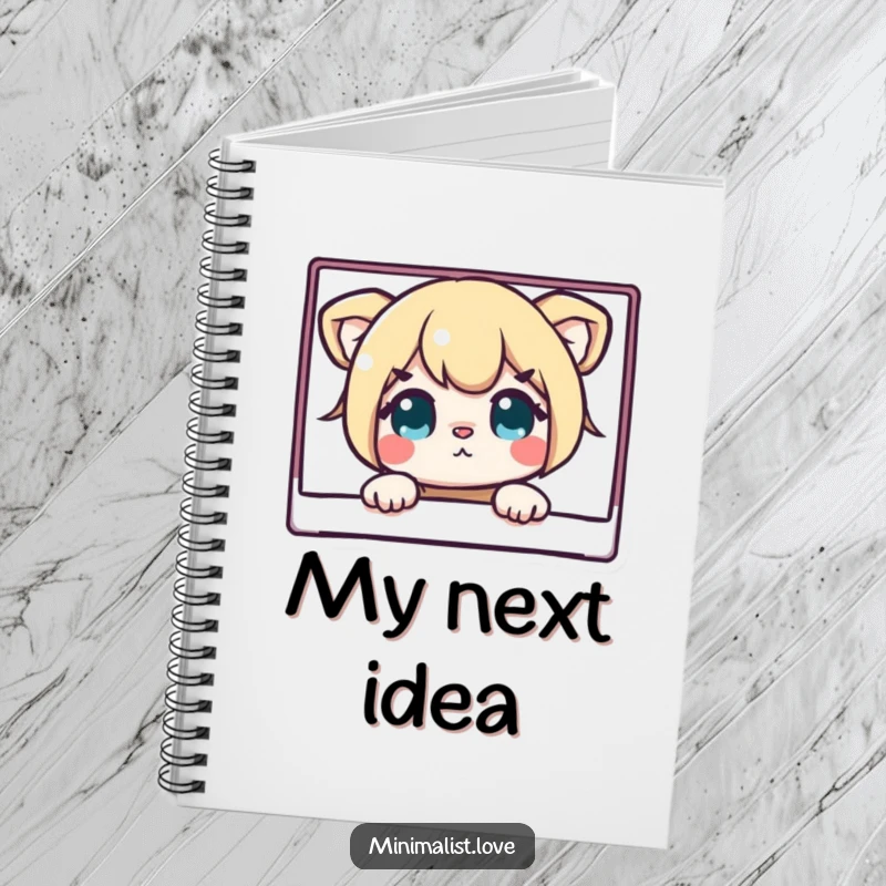 Funny notebook cover with a curious character peeking from behind a clean, sharp rectangle, encouraging notes and doodles.