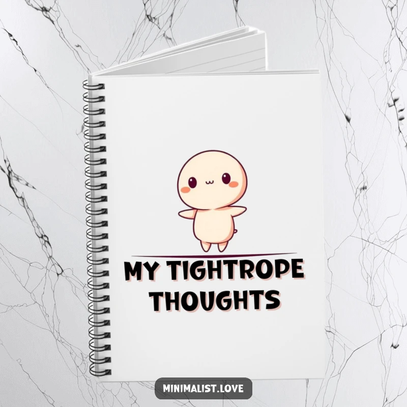 Funny Notebook with a minimalist character precariously balancing on a thin line, ideal for journaling.