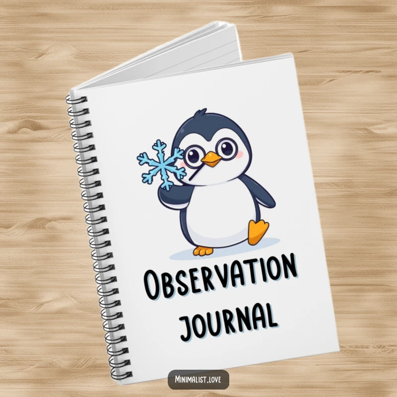 Funny notebook with a penguin wearing a monocle, balancing a snowflake, perfect for jotting down sophisticated thoughts.