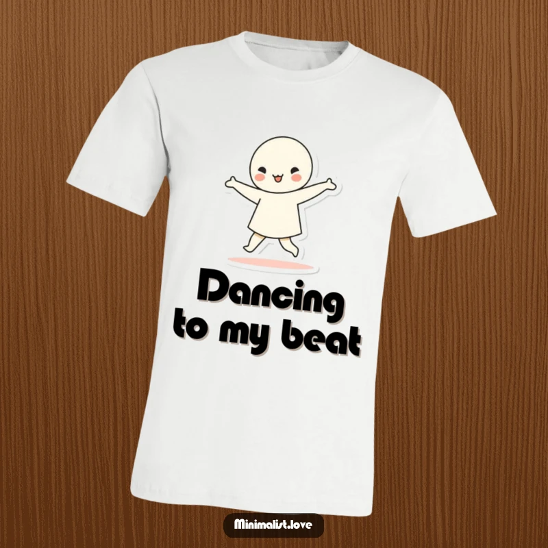Funny minimalist character dancing with simple geometric shapes, on a t-shirt. Abstract, rhythmic, and humorous apparel.