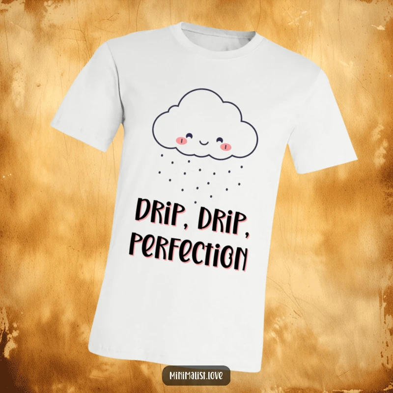 Funny minimalist cloud t-shirt smiling and raining small perfect dots, embodying a cheerful and whimsical spirit.
