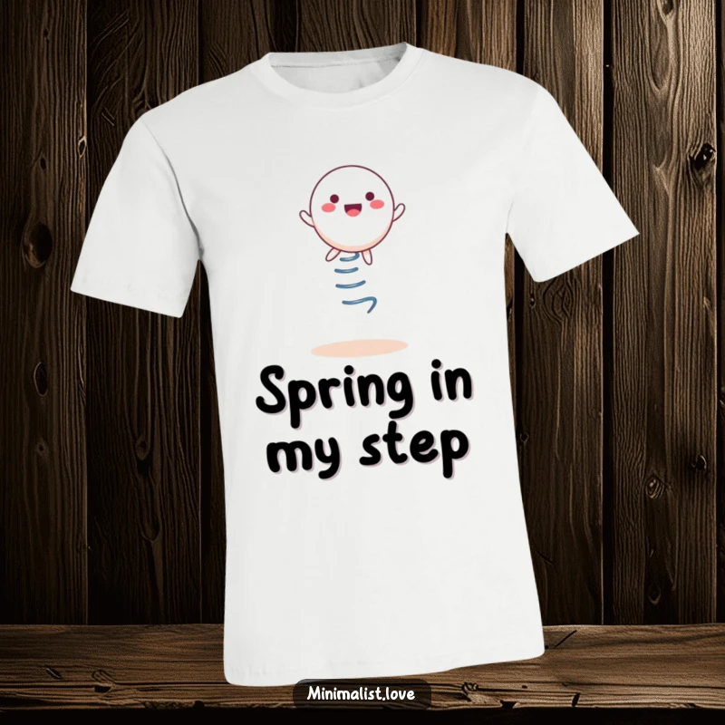 Funny T-Shirt, a round character energetically bouncing on a spring, radiating happiness.