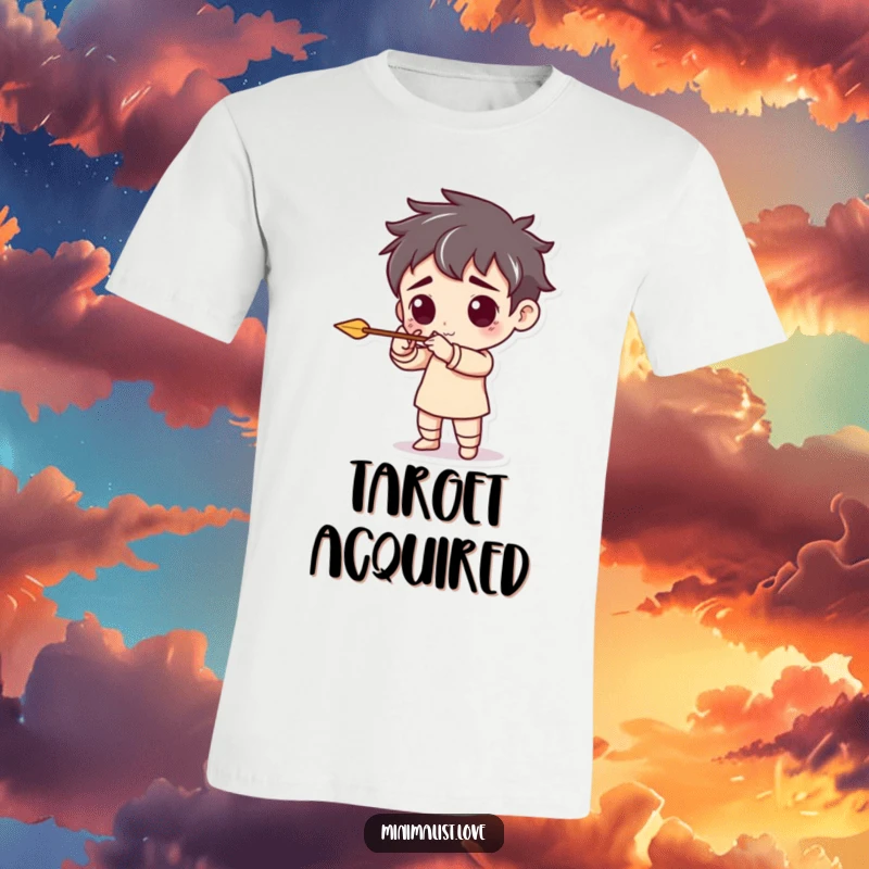 Funny t-shirt showing a character pretending to aim a tiny, minimalist arrow, representing playful intention and target focus.